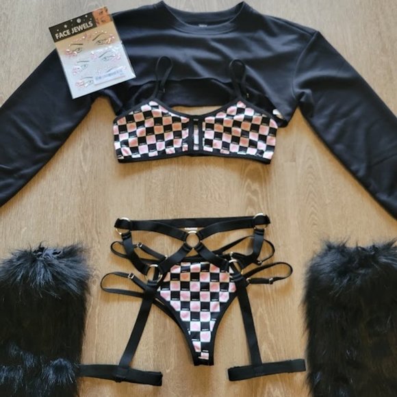 iHeartRaves Tops - Black and Pink Checkered Full Rave Festival Outfit with Fluffies